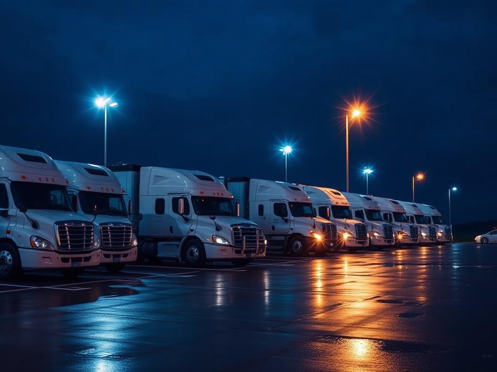 Lesedi Transport fleet parked at the depot at night