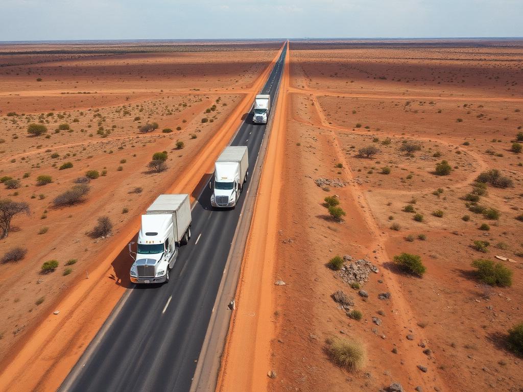 Aerial view of Lesedi Transport trucks crossing the savanna
